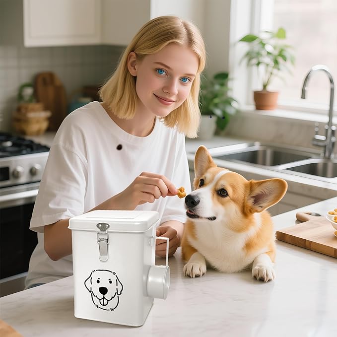 HHGFCLTRS Dog Food Storage Container Airtight Dog Treat Container Pet Food Storage Containers Dog Treat Jar Tinplate Dog Treat Bin White
