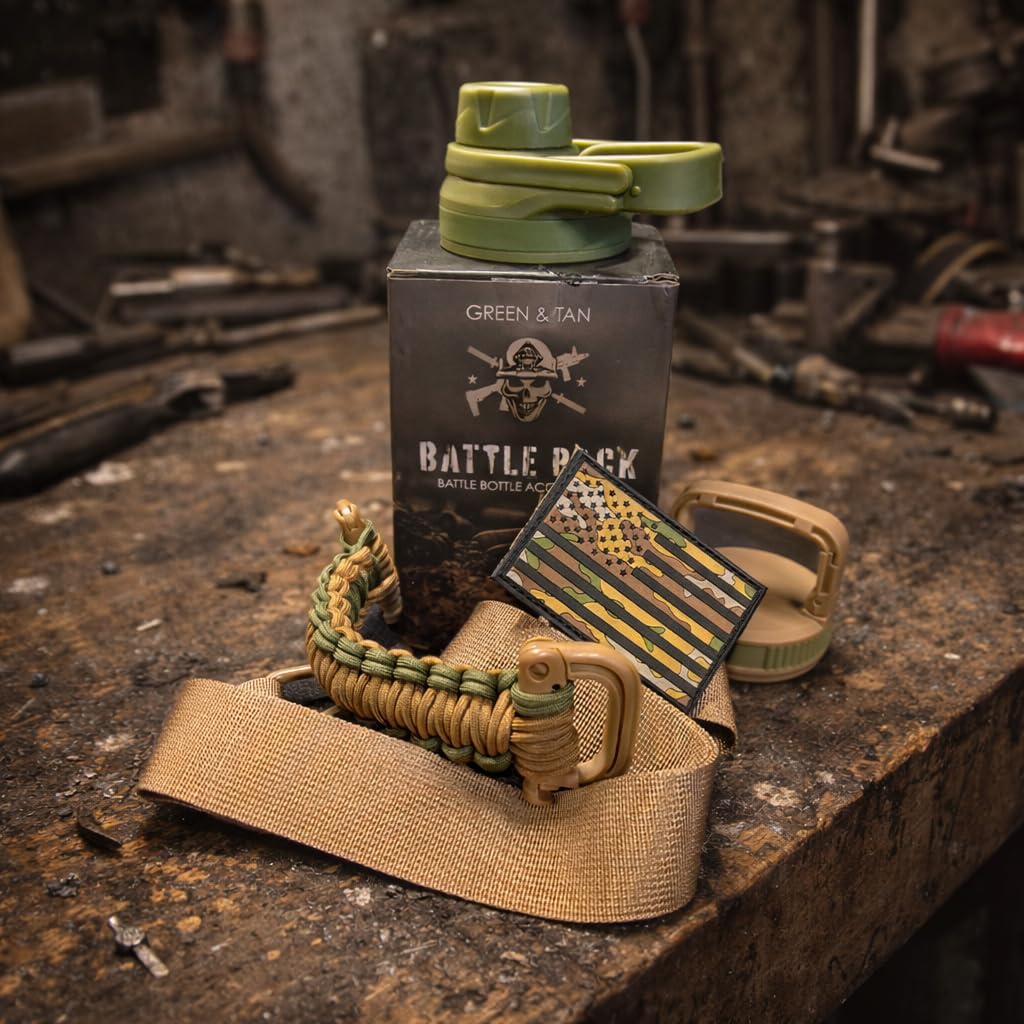 Iron Infidel Battle Pack - Accessories Kit for Battle Bottle - Water Bottle Cap Replacements for 64 Oz or 32 Oz | Wide Mouth Lid, Shoulder Strap, Paracord Handle, Morale Patch & Decal (Green/Tan)