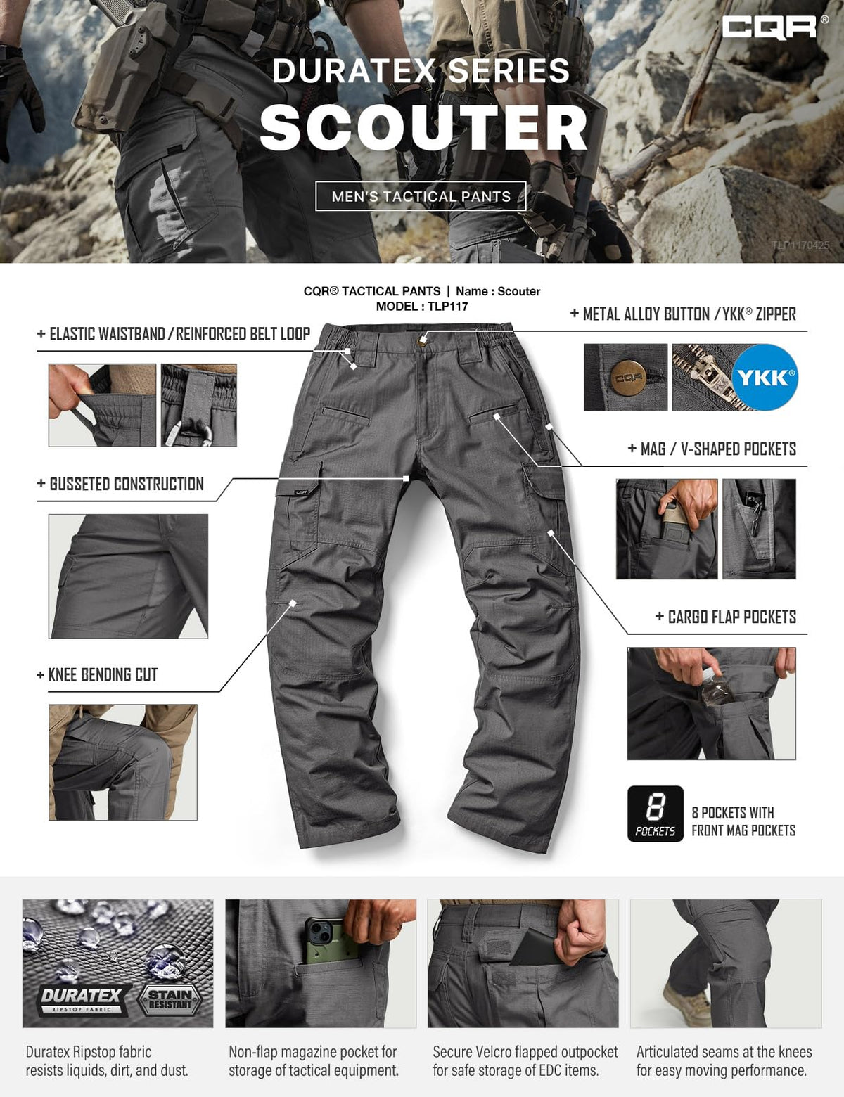 CQR Men's Tactical Pants, Water Resistant Ripstop Cargo Pants, Lightweight EDC Work Hiking Pants, Outdoor Apparel, Raider Charcoal, 40W x 32L