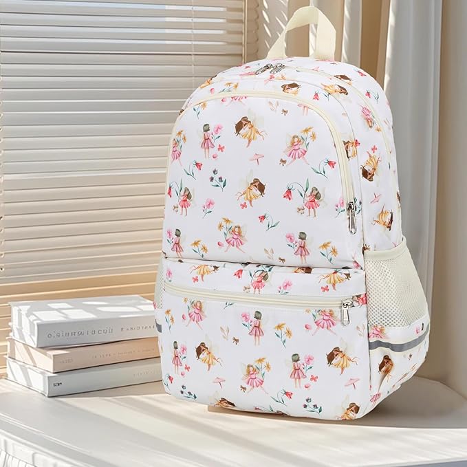DSIUE Kids Backpack for Girls Elementary BookBags Teens School Backpack with Lunch Box Flower Fairy Beige