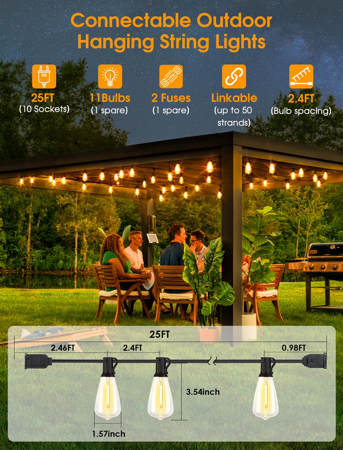 Larkvue 25FT Outdoor String Lights, Patio Lights with 10+1 LED Dimmable Waterproof Shatterproof ST38 Retro Edison 2700K Bulbs for Balcony Yard, Black