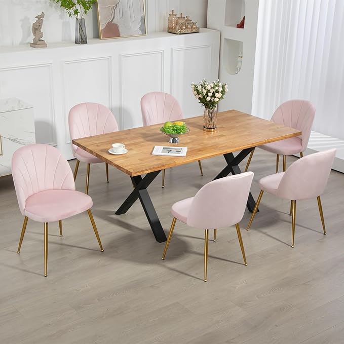 Velvet Dining Chairs Set of 6, Upholstered Mid Century Modern Dining Chairs, Armless Accent Chair with Metal Gold Legs for Living Room, Kitchen, Dining Room, Pink