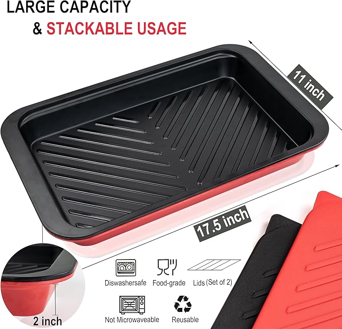 Czlizdyt Bamboo Grilling Prep and Serve Trays with lid, BBQ Tray for Marinating Raw and Cooked Food, Diswasher Safe Nesting Trays Black in Red