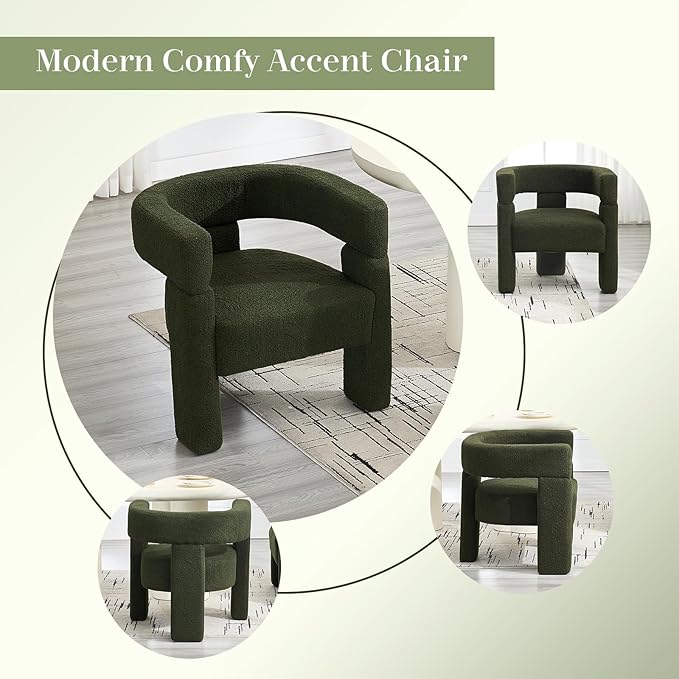 Sherpa Barrel Dining Chairs Set of 3, Upholstered Boucle Accent Kitchen Chairs with Arms, Comfy Faux Fur Side Chair Modern Armchair for Dining Room, Bedroom, Home Office, Green