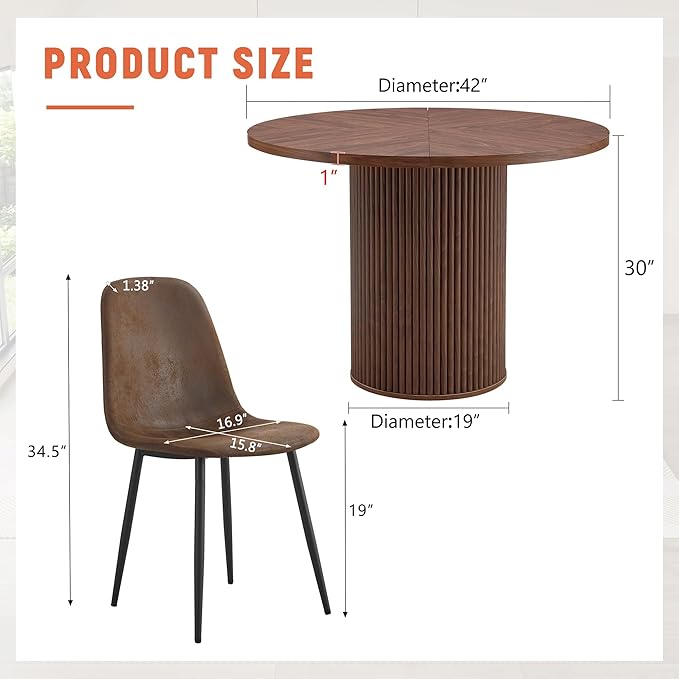 AZmac Round Dining Table Set for 4, Wooden Round Table 5-Piece with Modern Farmhouse Dining Table and 4 Suede Leather Chairs for Kitchen Dining Room, Walnut Table + 4 Brown Chairs