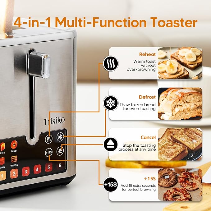 Trisiko Smart Touch Screen 2 Slice Toaster, Wide Slot,Stainless Steel