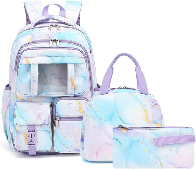 School Backpack for Girls 3Pcs Set Elementary Middle School Book Bags with Lunch Box Pencil Case