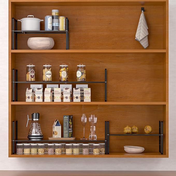 GEDLIRE Expandable Kitchen Cabinet Shelf Organizers 2 Pack, Stackable Metal Pantry Storage Shelves Rack, Adjustable Counter Shelf for Cabinets, Countertop, Cupboard Organizers and Storage, Black