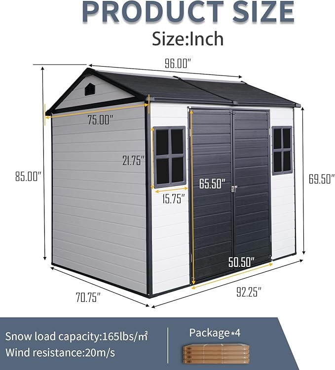 8' x 6' Resin Storage Shed Outdoor, PP Material & Strong Structure for All Weather, Plastic Garden Shed w/Window for Garden, Backyard, Poolside and Lawn, 15mm Thick PP Board - White