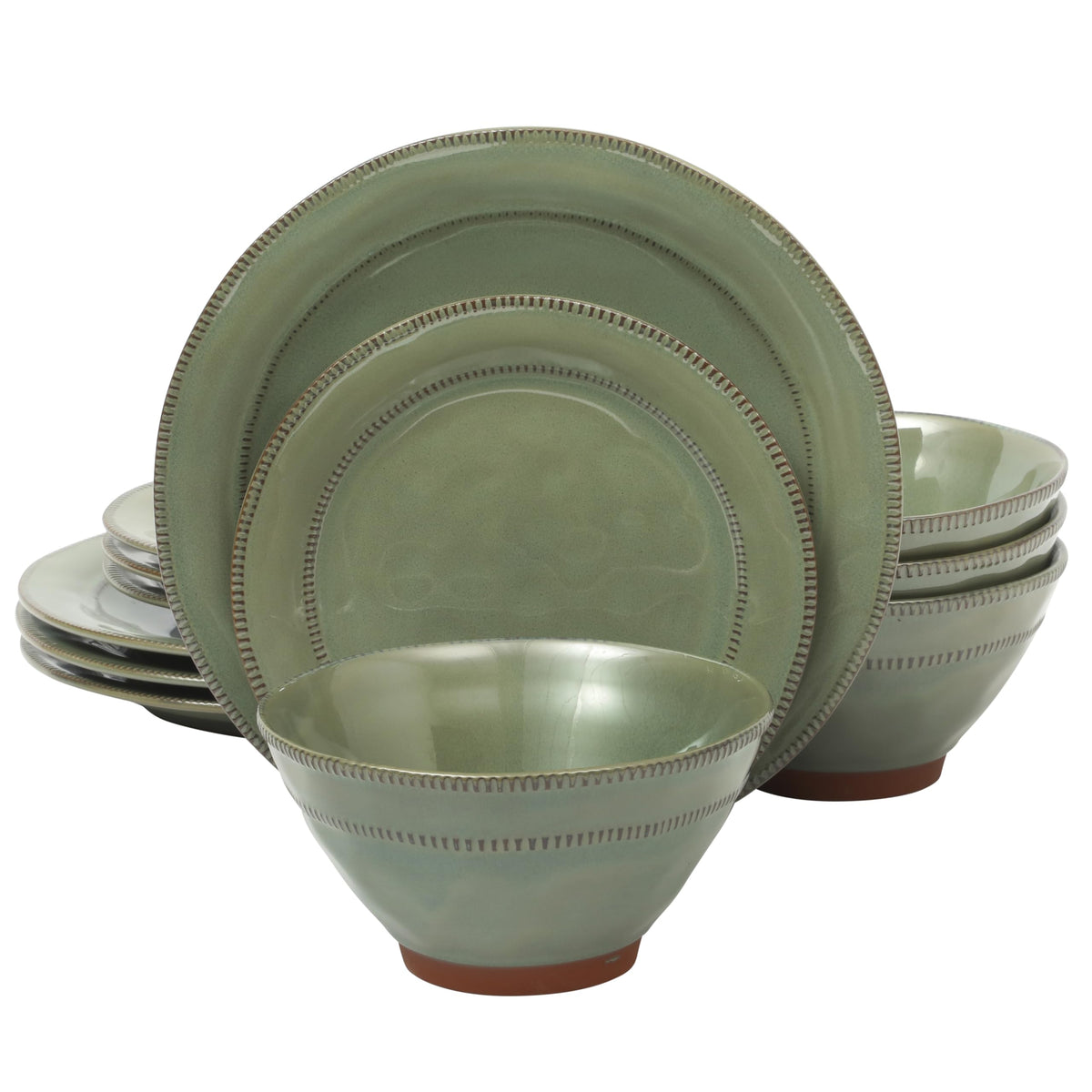 Gibson Elite 12 Piece (Service for 4) Townscape Plates and Bowls Reactive Glaze Embossed Round Dishes Terracotta Ceramic Dinnerware Set - Dark Green