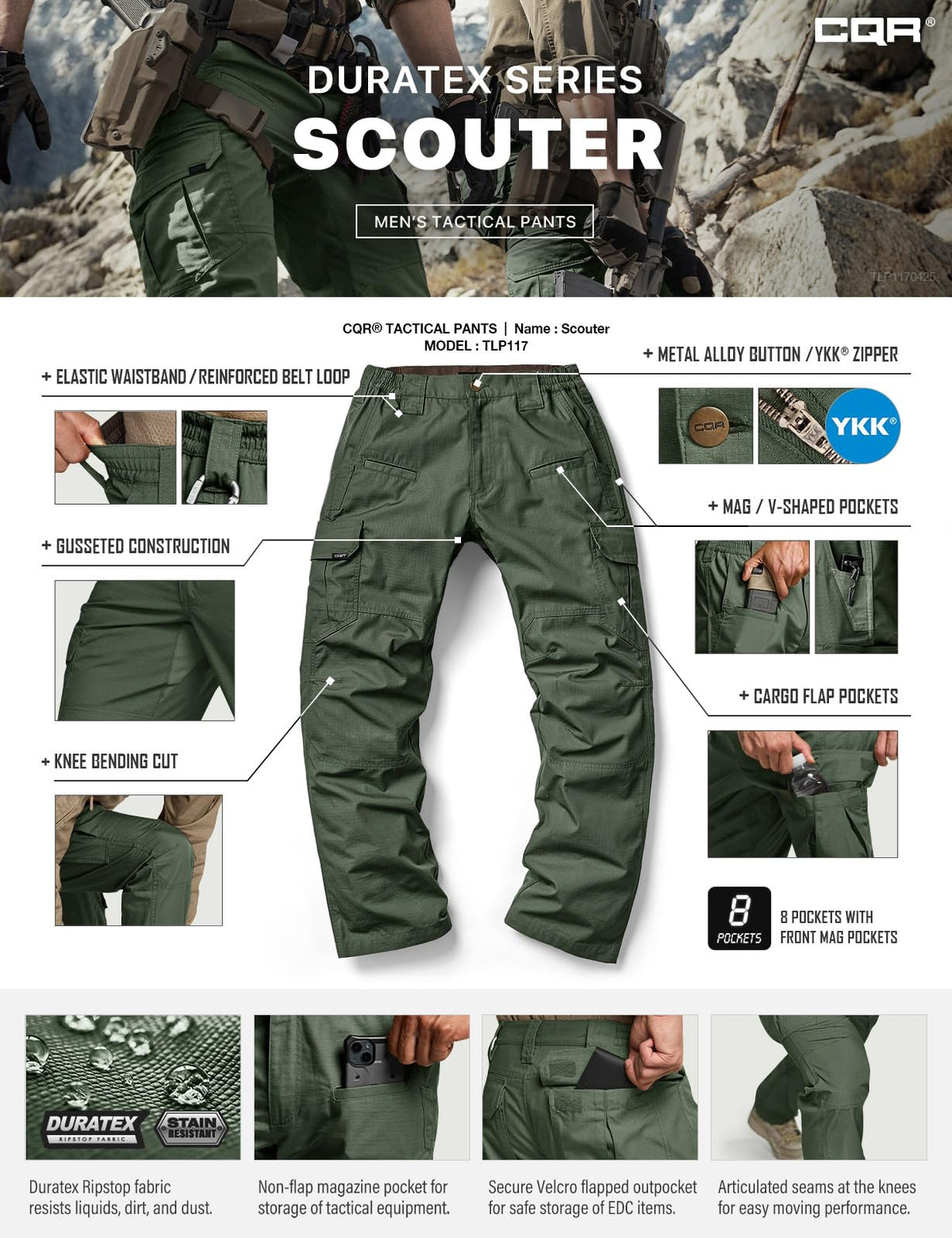CQR Men's Tactical Pants, Water Resistant Ripstop Cargo Pants, Lightweight EDC Work Hiking Pants, Outdoor Apparel, Raider Green Kelp, 32W x 32L