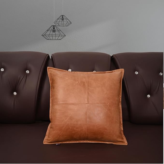 D DOLLY LAMB Lambskin Leather Pillow Cover - Sofa Cushion Case - Decorative Throw Covers for Living Room & Bedroom, 14x14 Inches - Antique Brown Box Pack of 1