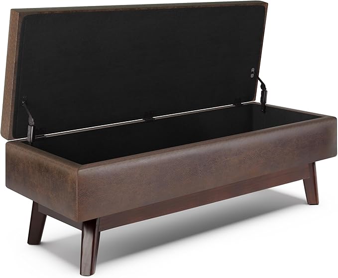 SIMPLIHOME Owen Rectangular Storage Ottoman - 48 inch Wide Upholstered Vegan Leather Lift-Top Ottoman in Distressed Chestnut Brown, Mid-Century Modern Ottoman for Living Room with Tufted Detail