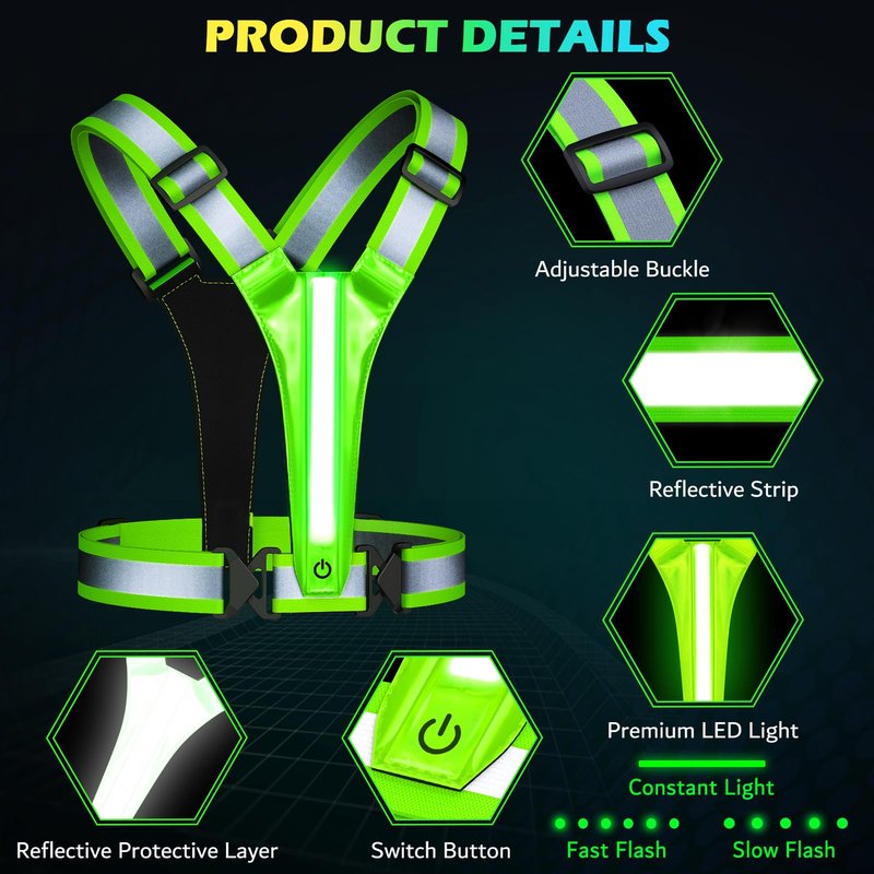 Led Light Up Running Vest Reflective Vest for runners night walking, Rechargeable LED Reflective Running Vest High Visibility with Adjustable Waist/Shoulde, Reflective Armband for Women Men (Green)