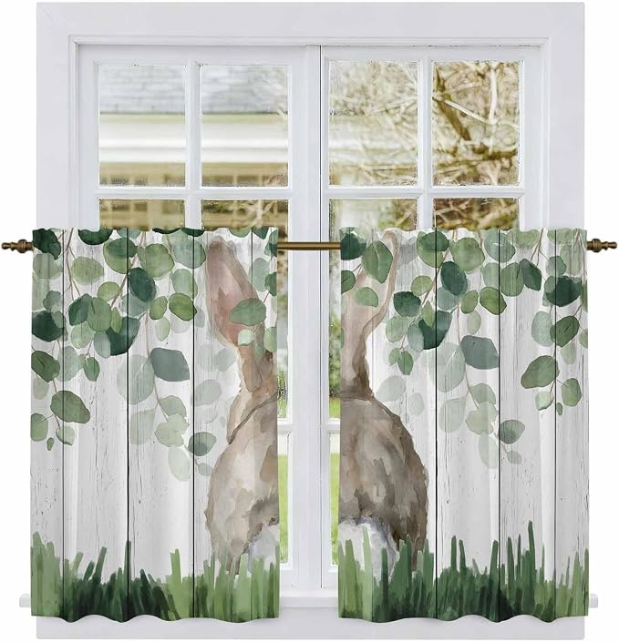 Easter Tier Curtains, Country Rabbit Botanical Leaves Wooden Grain Light