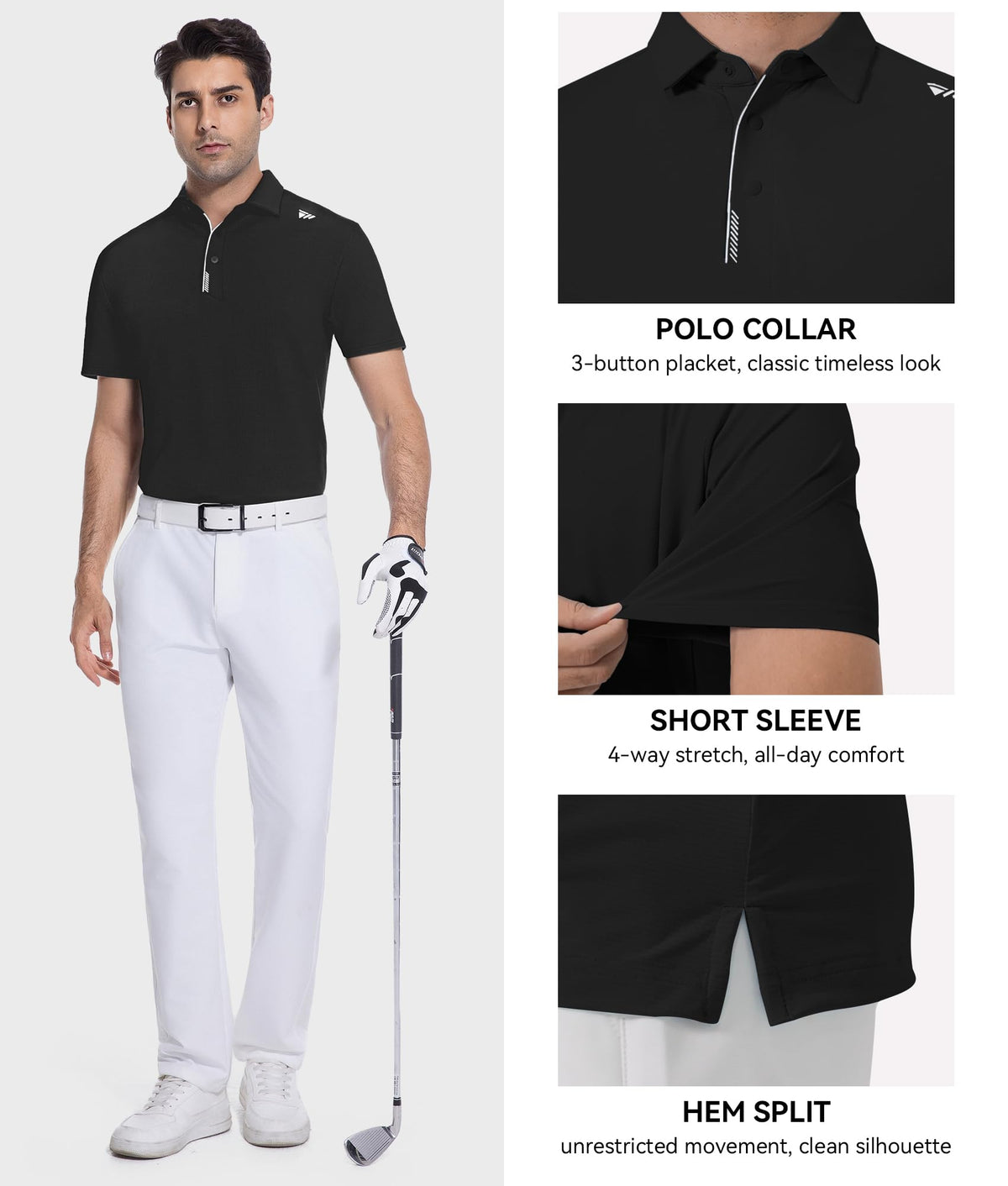 WARHORSEE Golf Shirts for Men Short Sleeve Breeze Dry Fit Performance Moisture Wicking Golf Polo Shirt for Men,Black,L