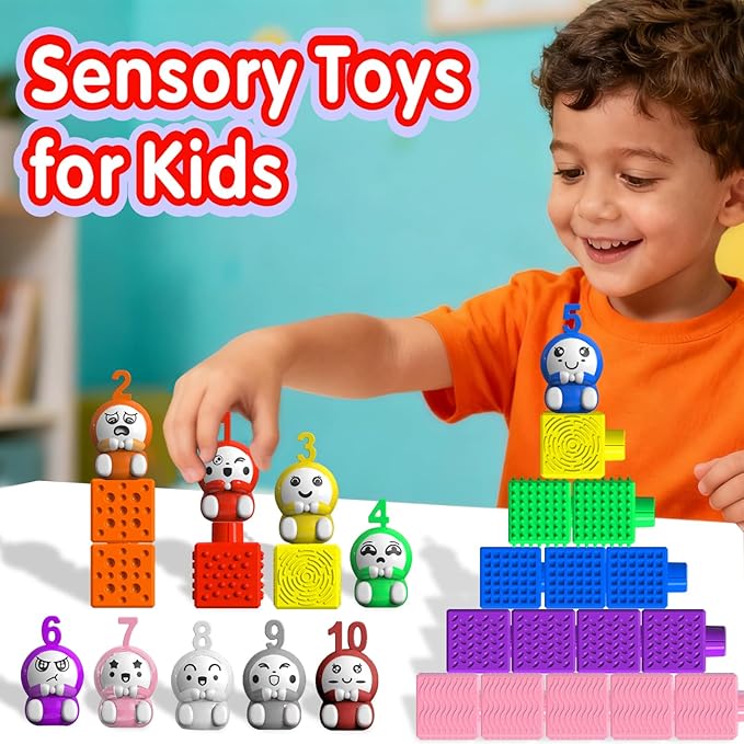 Number Learning Sensory Stacking Cubes: 65PCS Soft Number Counting Blocks for Toddlers Ages 3-6 - STEM Math Learning Toys with 1-10 Figurines, Preschool Sensory Activities for Kids Boys & Girls