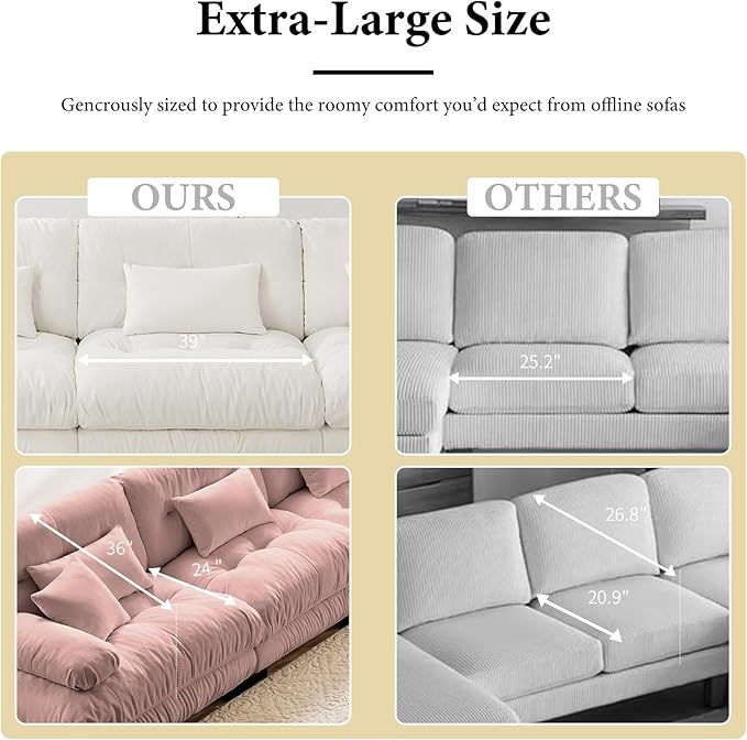133.8" Oversized Couch, 3 Seater Modular Sectional Sofa, Pink Large Fluffy Chenille Cloud Couch with 5 Pillows, Deep Seat Sofas for Living Room