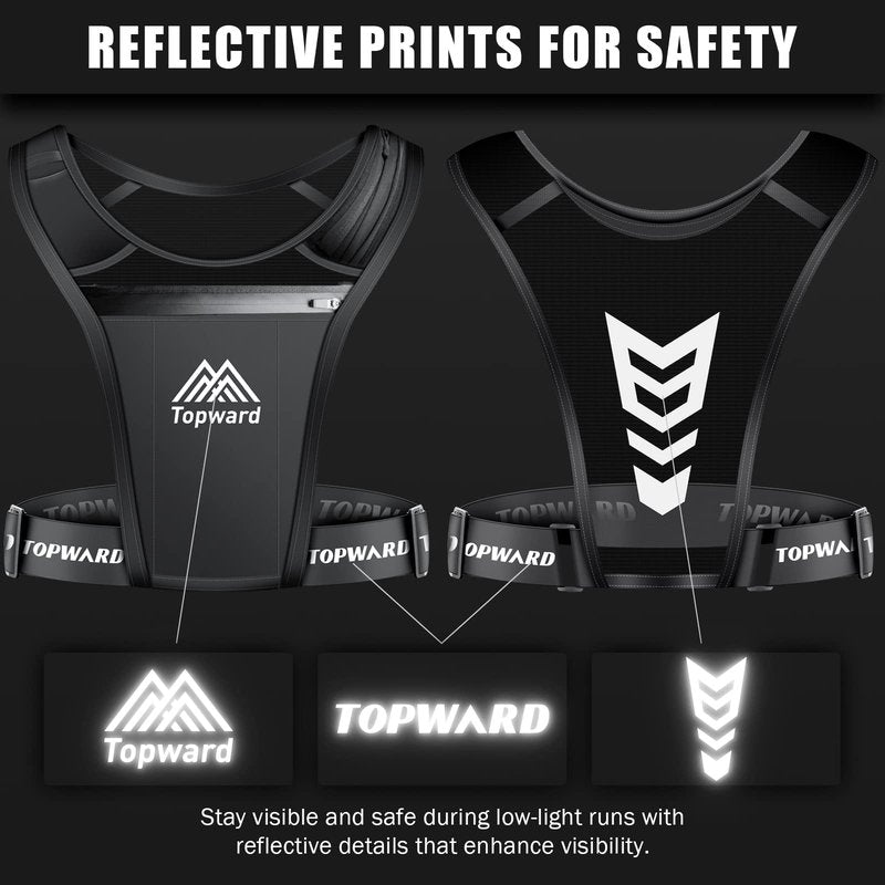 Topward Running Vest Phone Holder for Men Women, Waterproof Cell Phone & Key Pouch, Reflective Hydration Vest Train Free Workout Gear - Lightweight, Breathable Mesh Pockets - Adjustable Waistband