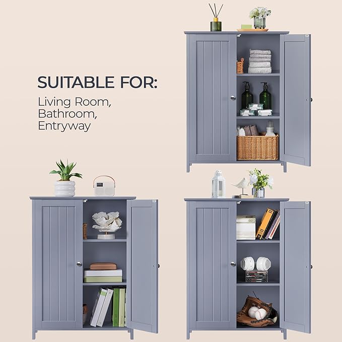 Yaheetech Bathroom Floor Cabinet, Modern Storage Freestanding Organizer Cabinet with Adjustable Shelves & Double Doors, 3-Tier Home Living Room Furniture, Gray