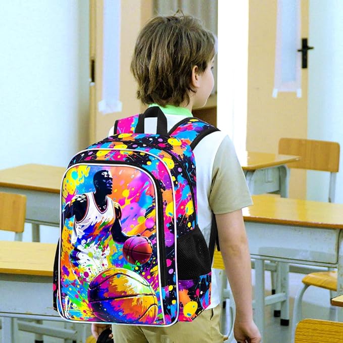 KLFVB 3PCS School Backpack for Boys, 17" Kids Basketball Bookbag and Lunch Box, Water Resistant Backpack for Teenagers Middle Elementary - Spray-painted Basketball
