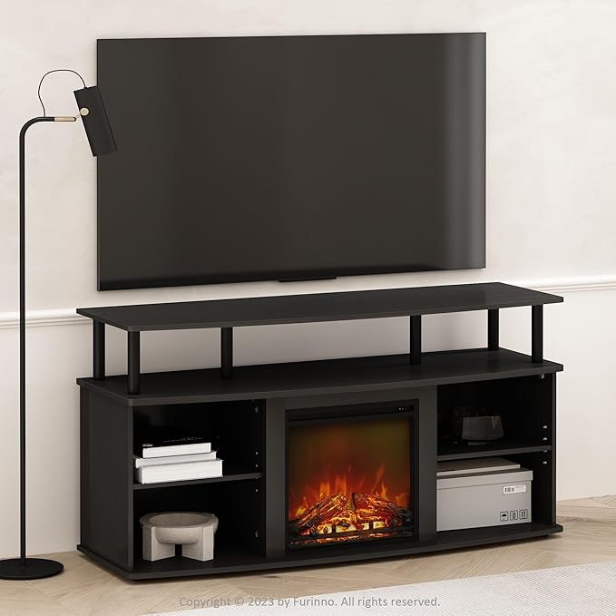 Furinno Jensen Fireplace TV Stand, NO Heat Decorative Electric Fireplace Corner TV Stand for TV up to 55 Inch, with Open Shelving Storage, for Living Room, Americano/Black
