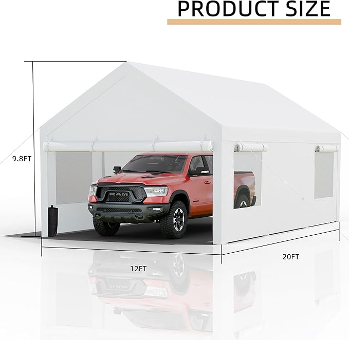 JY QAQA Carport, 12x20 FT Heavy Duty Carport with Removable Side Walls and Doors, Portable Garage with Roll-Up Window and Sandbags, Car Canopy with All-Season Tarp for Cars, Trucks, Boats, White