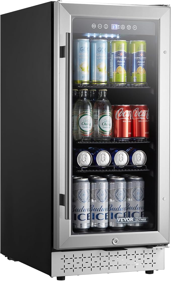 VEVOR Beverage Refrigerator Cooler, 88 Can Beverage Fridge, Mini Fridge with Glass Door, Adjustable Shelves, Digital Temperature Control, Built-in or Freestanding Soda Beer Fridge for Home Office Bar