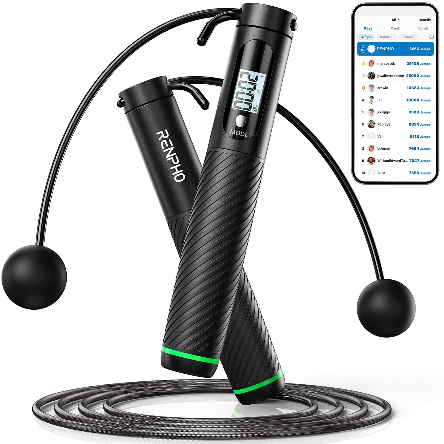RENPHO Smart Skipping Rope with Counter, Adjustable Jump Ropes for Fitness, Skip Rope with APP Data Analysis, Workout Equipment for Women Men Adult Kids, Burn Calories, Boxing Jumping Rope, Gym, MMA