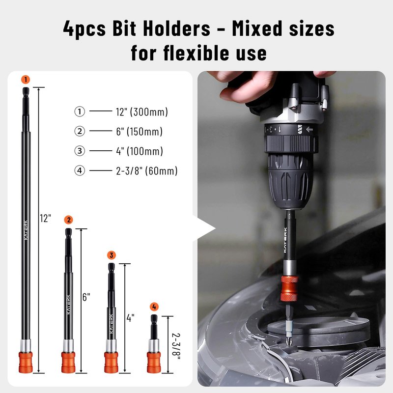 Katerk Drill Bit Extension Set, 4 Pcs Magnetic Bit Holder, 1/4 Inch Hex Drill Bit Extender for Impact Driver - Enhanced Stability, Professional Grade (12", 6", 4", 2 3/8")