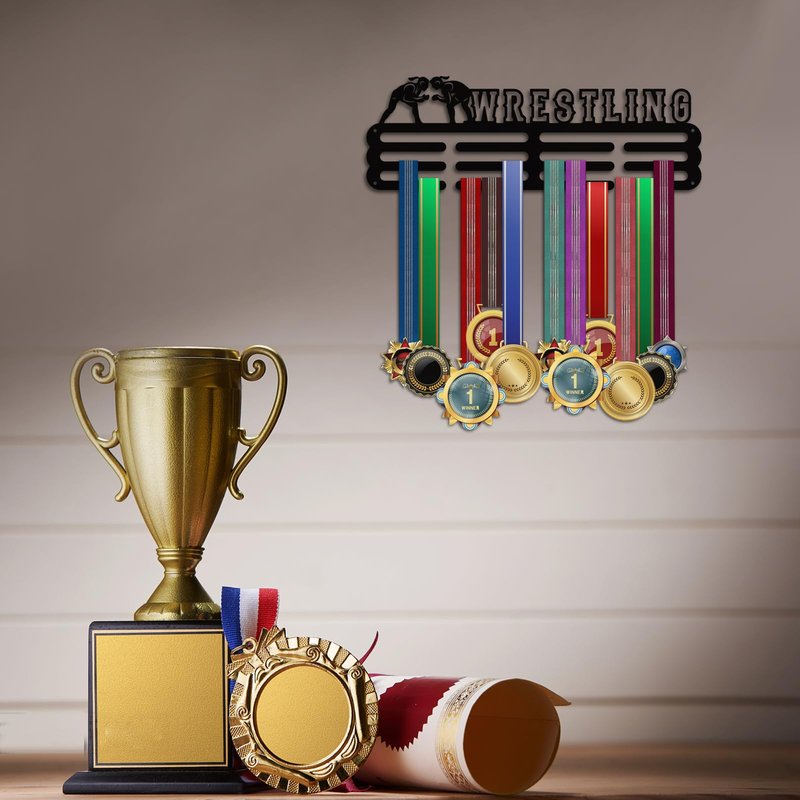 PH PandaHall Wrestling Medal Holder Athletics Medal Award Ribbon Hanger Display Rack Wall Mount Hanger Decor Trophy Shelf Tiered Award Rack for Over 50 Medals Easy to Install 15.75 Inch