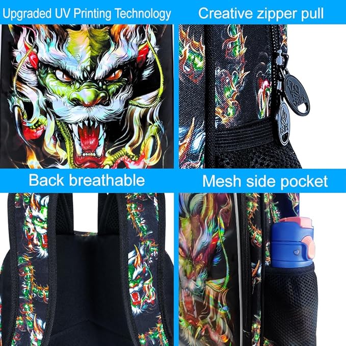 KLFVB 3PCS Boys Bookbag, 17" Kids Backpack and Lunch Box, Water Resistant Teenagers School Bag for Middle Elementary - Green Dragon