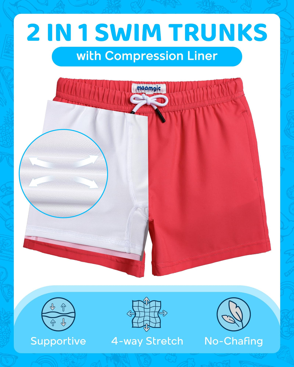 maamgic Boys Swim Trunks with Compression Liner 4-Way Stretch Quick Dry Swim Shorts Toddler Boy Hot Coral White 2T