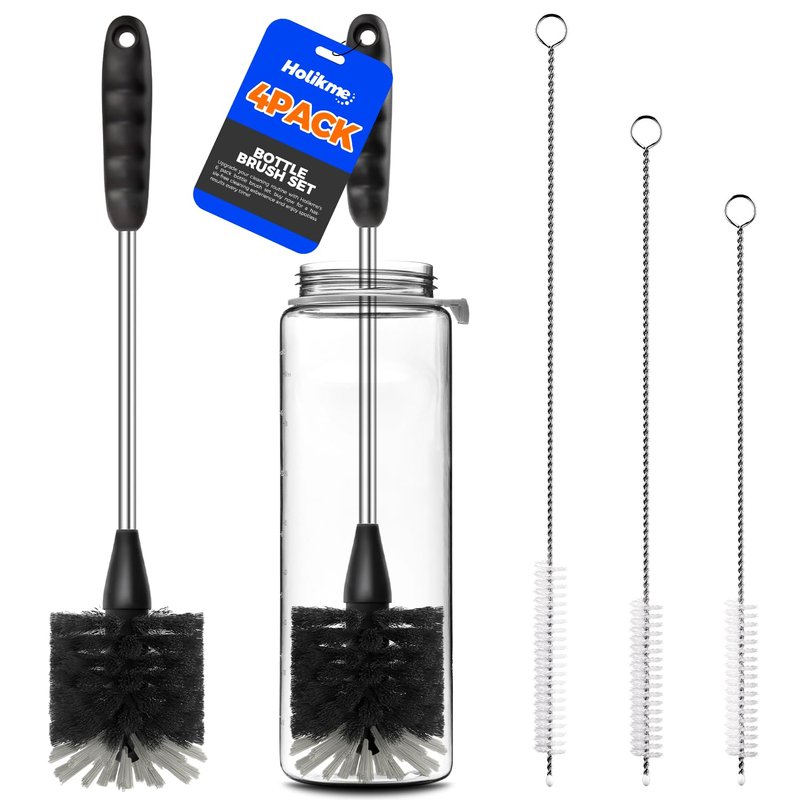 Holikme Bottle Brush Cleaner Set, 14" Long Handle Stainless Steel Bottle Cleaner Brush, 3 Straw Cleaner Brush, Bottle Cleaning Brush for Water Bottle, Cups, Abrasive Wheel Brushes, Straws Black