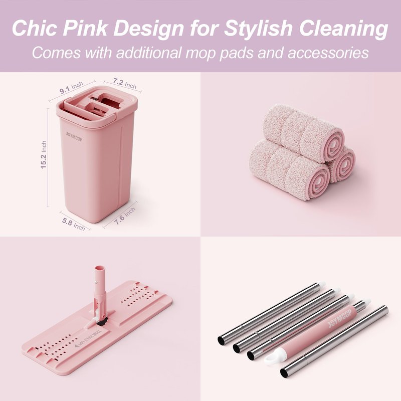 JOYMOOP Pink Mop and Bucket with Wringer Set for Home, with 3 Reusable Microfiber Mop Pads, Hands-Free Self-Cleaning System, Suitable for Floor Cleaning and Wall Cleaner