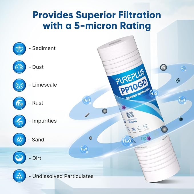 PUREPLUS 5 Micron 10" x 2.5" Whole House Grooved Sediment Home Water Filter