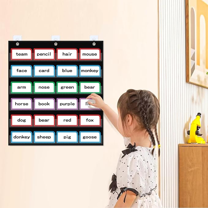 20”W x 25”H Classroom Words Pocket Chart with 6 Clear Pockets, Black Standard Pocket Chart for Classroom and Home for Sentence Strips, Reusable Clear Pocket Hanging Words Chart (Black)