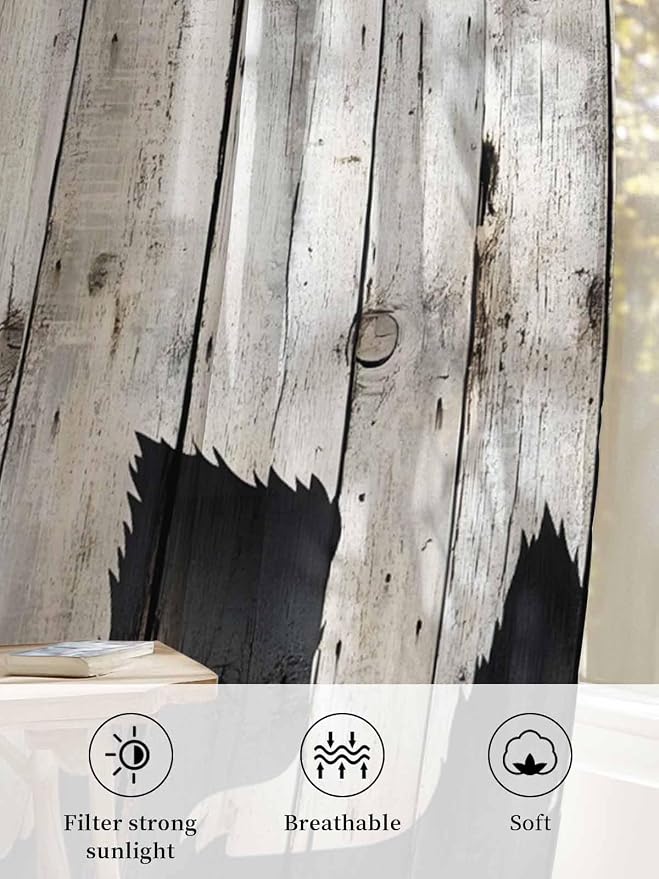 Sheer Curtains 72 Inches Long, Rustic Counrty Vintage Wood Grain Privacy Voile
