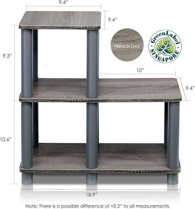 Furinno TURN-N-TUBE Storage Shelves, 2-Tier Ladder Shape Book Shelf with Open Frame Design, 3-Cube Corner Shelf, Toolless Open Shelves, Living Room, Garage, Home Office, Grey