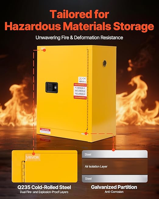VEVOR Flammable Cabinet 18" x 24" x 65", 13 Gallon Flammable Storage Cabinet with Adjustable Shelf, Cold-Rolled and Galvanized Steel Fire Cabinets, for Commercial Industrial Home Use, Yellow
