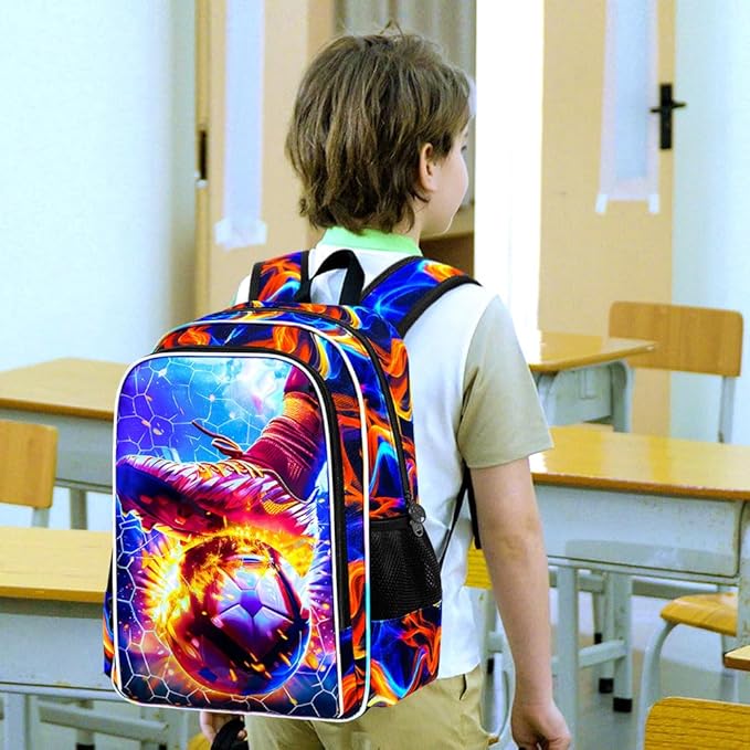 KLFVB 3PCS Boys Bookbag, 17" Kids Football Backpack and Lunch Box, Water Resistant Teenagers School Backpacks for Middle Elementary - Strike Fire Soccer