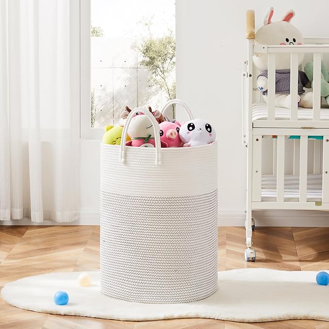 Laundry Basket,Woven Cotton Rope Laundry Hamper,Versatile Storage for Dirty Clothes,Baby Toys,and Blankets in Bathroom, Nursery,and Living Room (White, 80L)