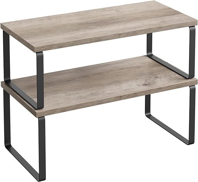 SONGMICS Cabinet Organizer Shelf, Set of 2 Kitchen Counter Shelves, Kitchen Storage, Spice Rack, Stackable, Expandable, Metal and Engineered Wood, Ink Black and Heather Greige UKCS200X02