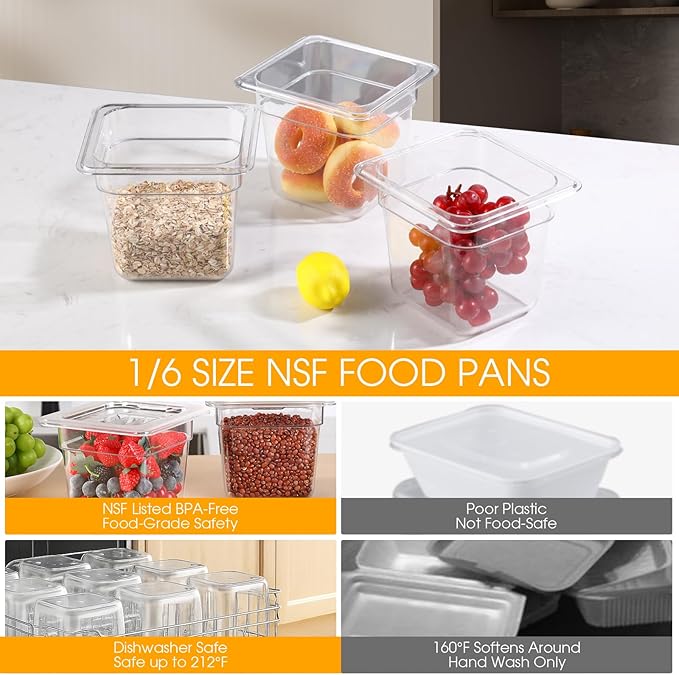 CAZACHEF 12-Pack NSF Polycarbonate Food Pans, 1/6 Size 6" Deep Commercial Food Storage Containers, Clear Plastic Steam Table & Prep Pans for Buffet, Salad Bar, Restaurant, Dishwasher & Freezer Safe