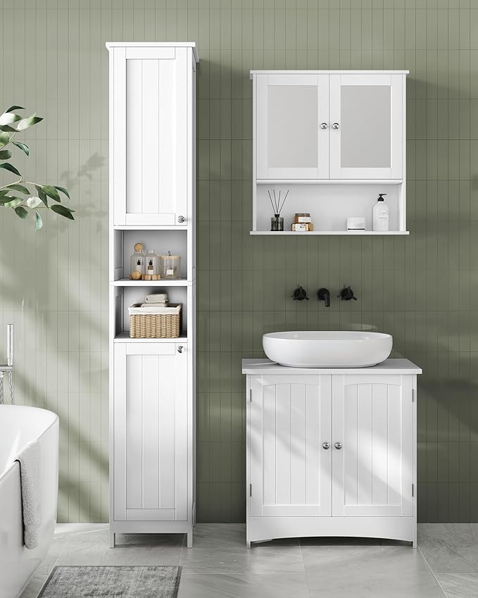VASAGLE Tall Storage Cabinet with Lights, Slim Freestanding Cabinet with Adjustable Shelves, for Small Spaces, Bathroom, Living Room, Modern, 11.8 Inches Wide, Cloud White UBBC566W02
