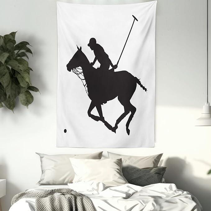 Ambesonne Sports Tapestry, Silhouette Illustration of Polo Player on a Horse Hitting a Ball Print, Fabric Wall Hanging Decor for Bedroom Living Room Dorm, 30" X 45", Charcoal Grey