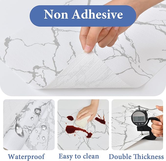 Drawer and Shelf Liner for Kitchen Cabinet: 17 in X 20 Ft Non Slip Waterproof Shelf Paper Non Adhesive Refrigerator Liners Silver Marble Easy Liners for Bathroom with Knife Tape Measure