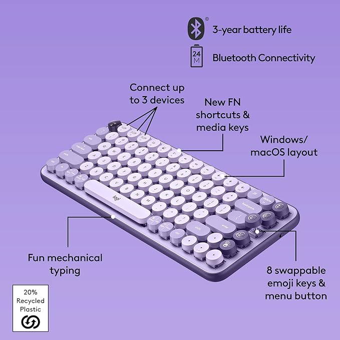 Logitech POP Keys Mechanical Wireless Keyboard with Customizable Emoji Keys, Durable Compact Design, Bluetooth or USB Connectivity, Multi-Device, OS Compatible - Cosmos