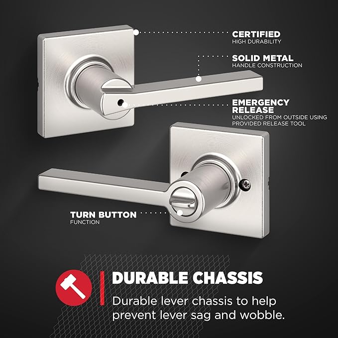 Kwikset Casey Interior Privacy Door Handle with Lock, Door Lever for Bathroom and Bedroom, Satin Nickel Reversible Keyless Turn Lock, with Microban Protection (Pack of 10)