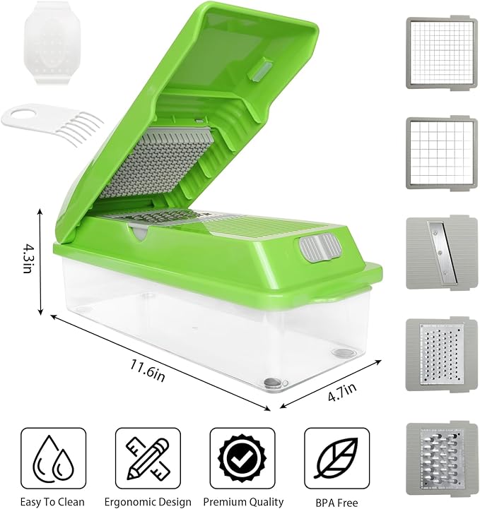 Veggie Chopper with Container, 7 in 1 Manual Food Chopper Cutter, Green